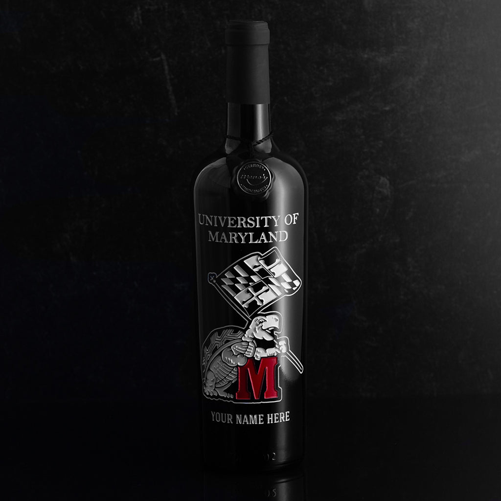 Mano's Wine University of Maryland Custom Name wine bottle etched with terrapin waving Maryland flag and red M