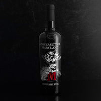 Mano's Wine University of Maryland Custom Name wine bottle etched with terrapin waving Maryland flag and red M