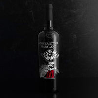 Mano's Wine University of Maryland logo etched wine bottle featuring terrapin waving Maryland state flag with red M