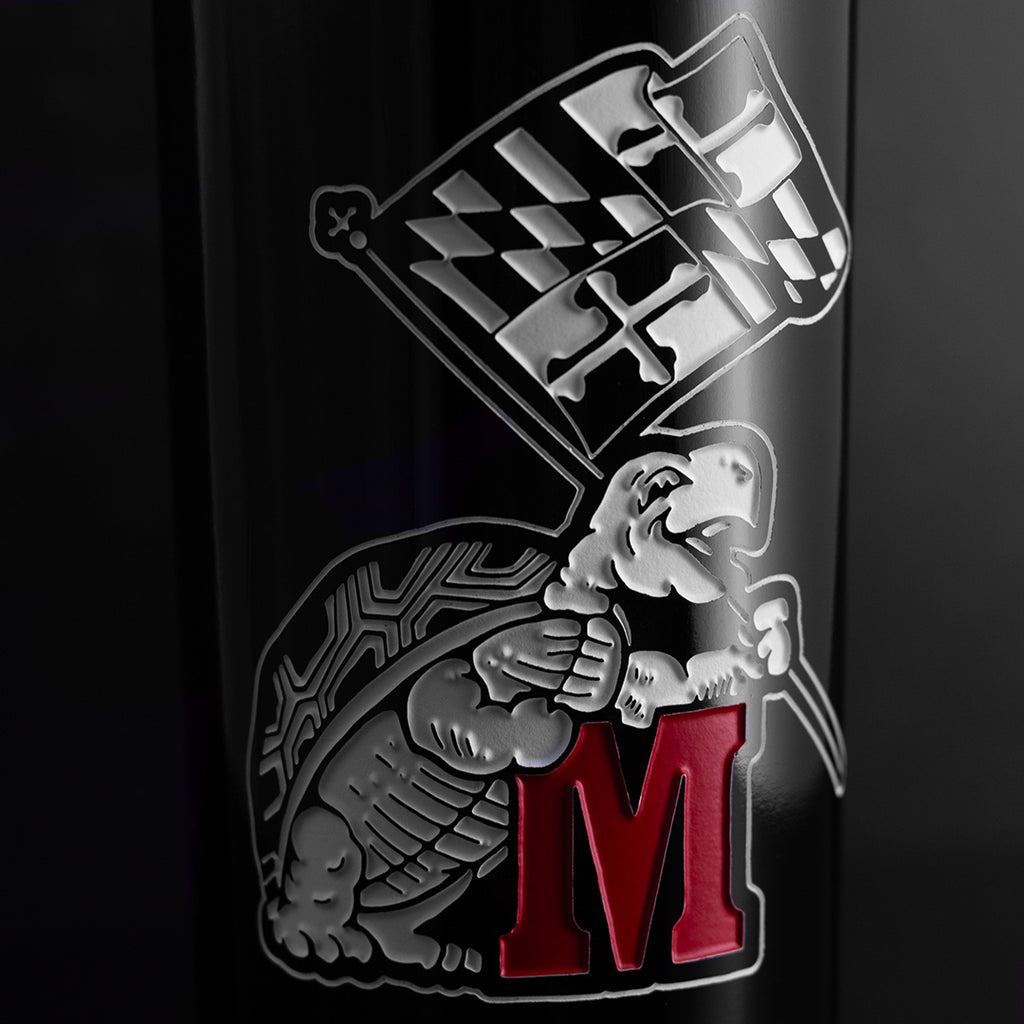 Close up view of the Mano's Wine University of Maryland Custom Name etched wine bottle