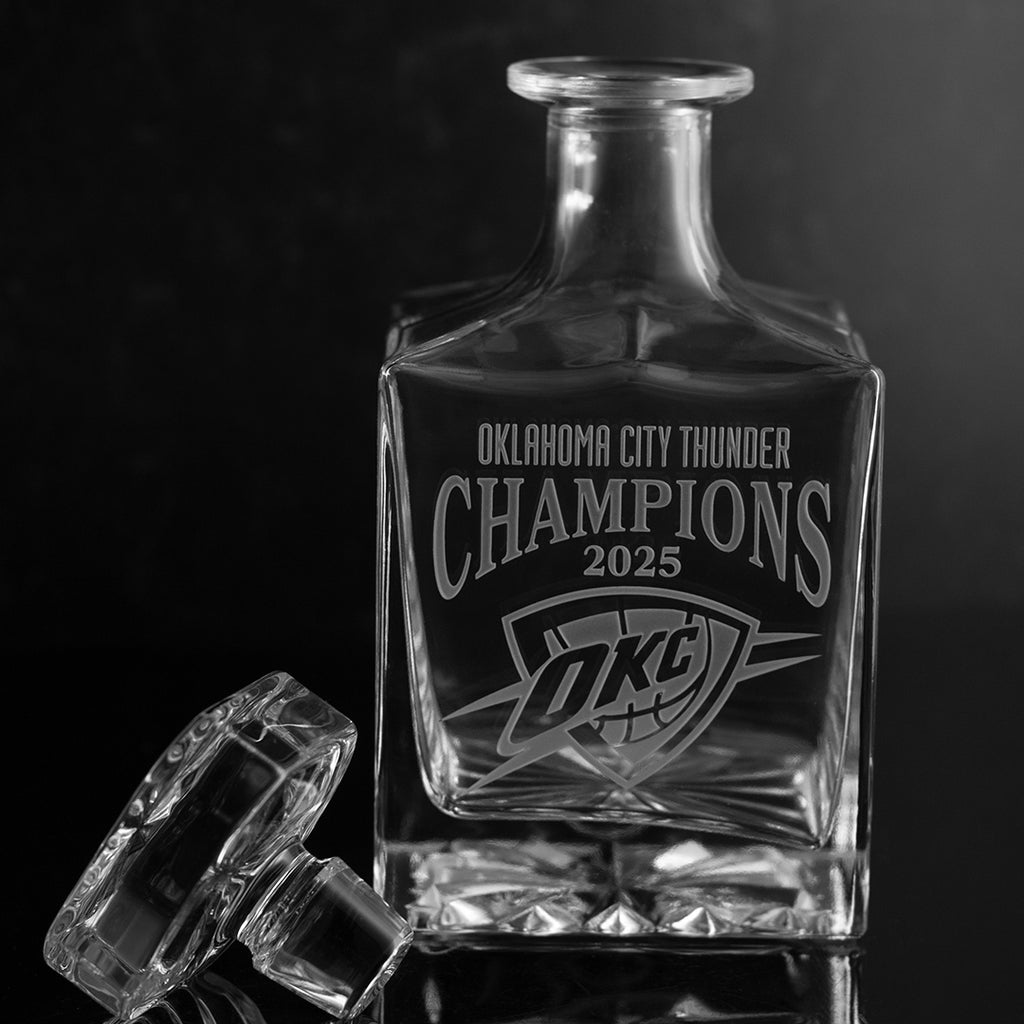 OKC team logo and Oklahoma City Thunder Champions 2025 text etched on Mano's Wine glass decanter for spirits