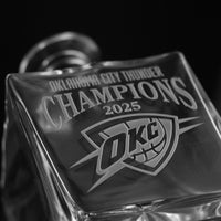 Oklahoma City Thunder Champions 2025 and OKC logo etched on glass decanter for spirits