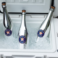 Three Mano's Wine bottles of Houston Astros bubbly wine on ice in a YETI cooler