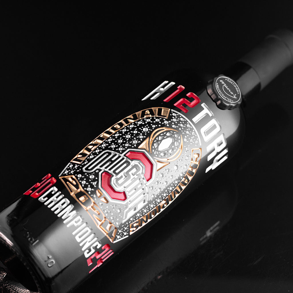Mano's Wine bottle etched with Ohio State University 2024 National Championship Ring Etched wine