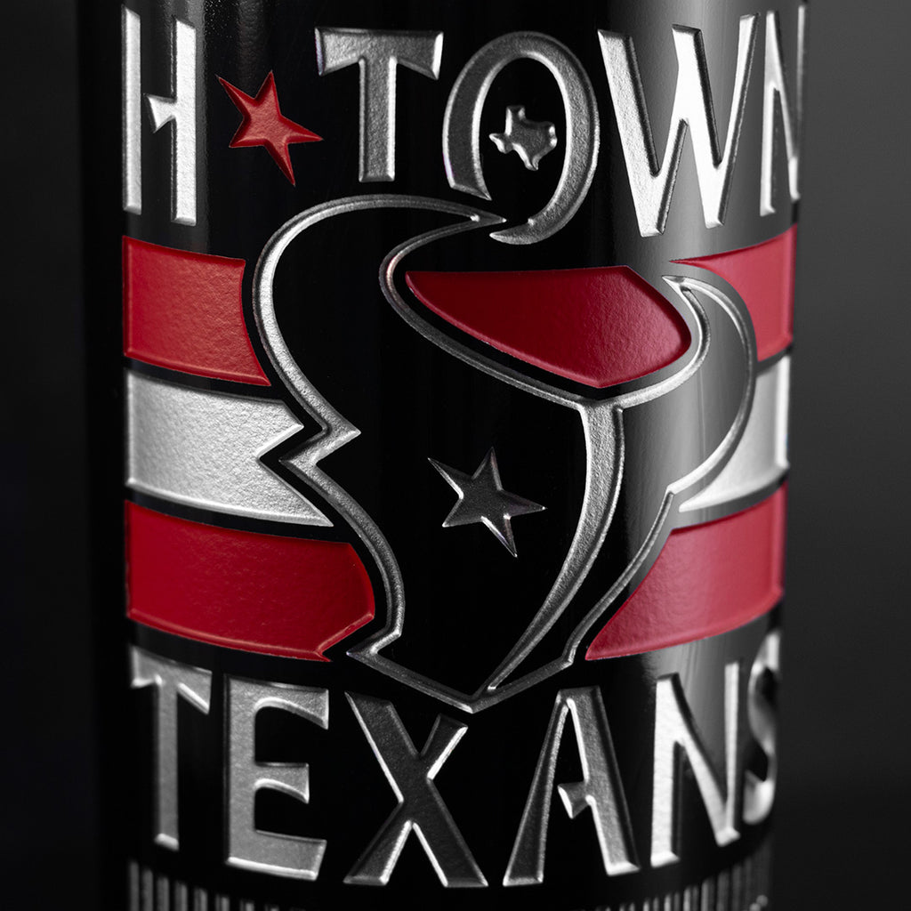 Mano's Wine Houston Texans cabernet sauvignon wine bottle etched with team logo and "H-TOWN TEXANS" text