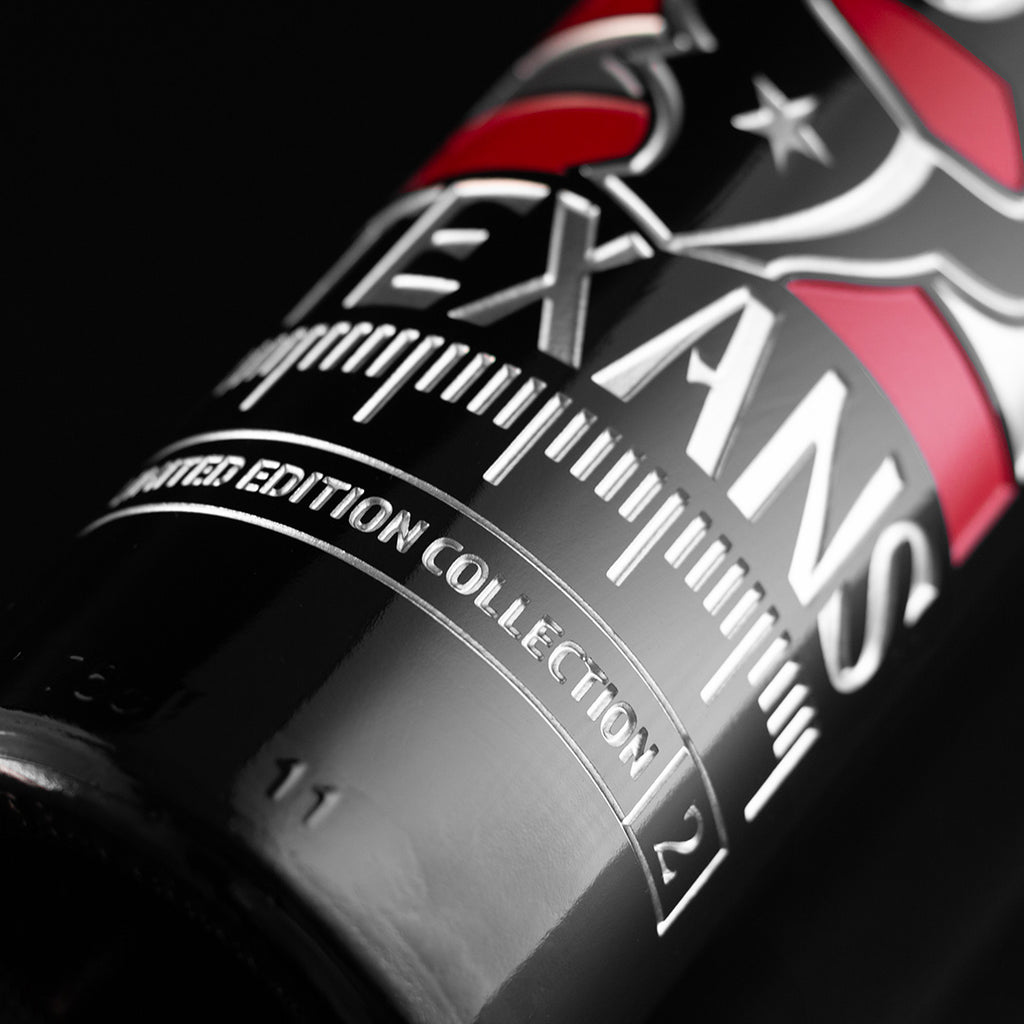 Close up view of the limited edition Houston Texans H-TOWN TEXANS bottle of cabernet sauvignon from Mano's Wine