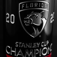 Close up look at the limited edition Florida Panthers 2025 Stanley Cup Champions wine bottle