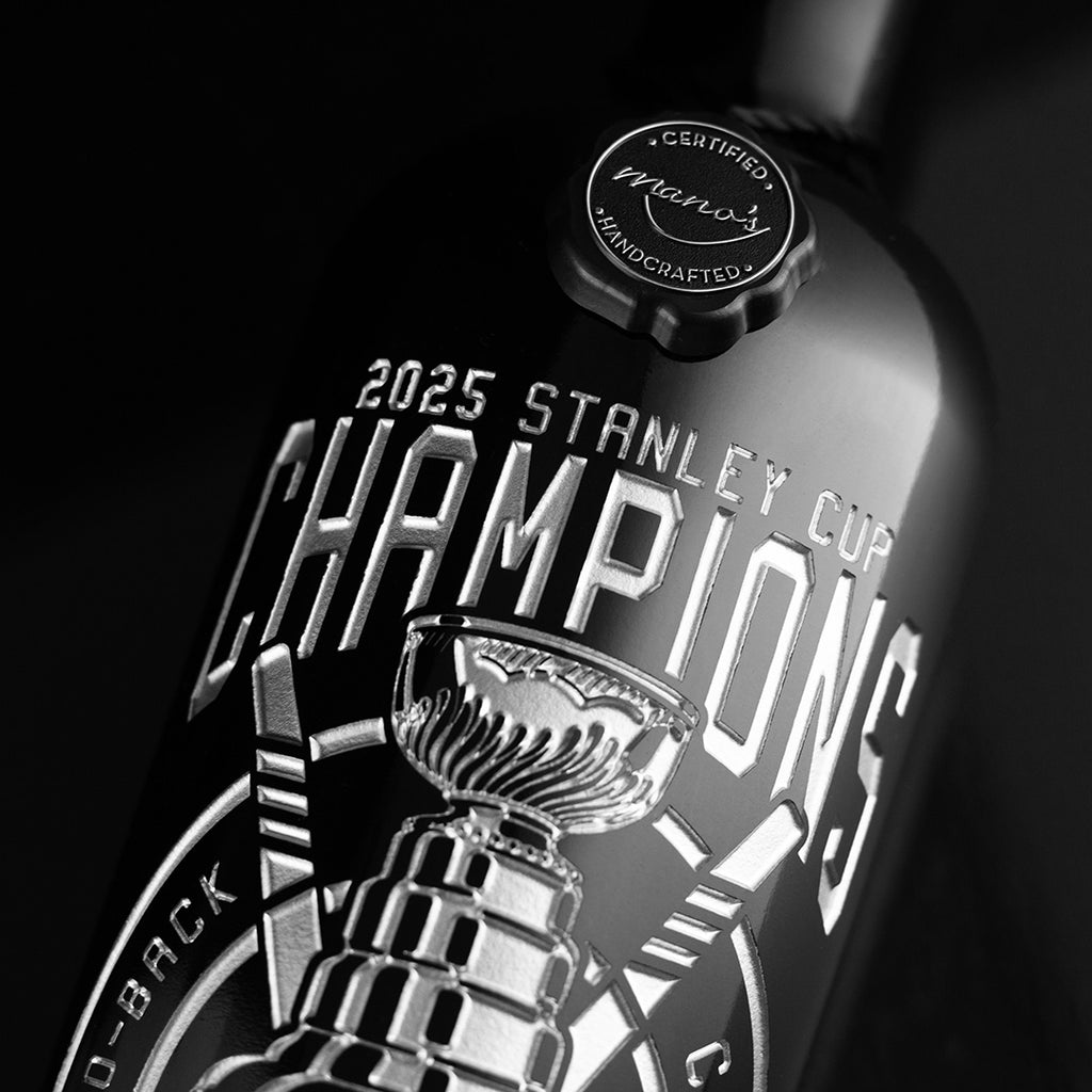Mano's Wine bottle with Florida Panthers 2025 Stanley Cup Champions and trophy design on a black background
