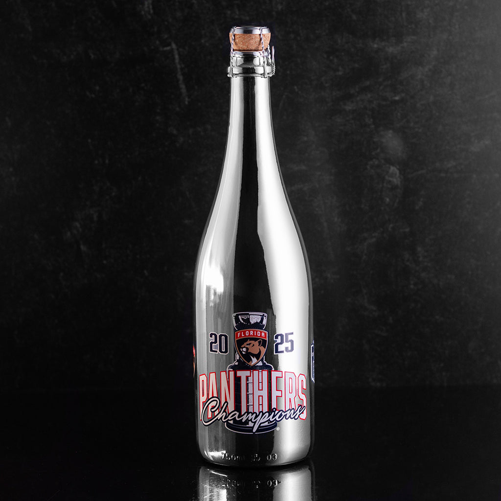 2025 Florida Panthers Stanley Cup Champions Trophy Silver Bubbly bottle with black background