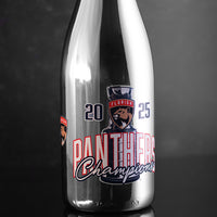 Silver bottle featuring Florida Panthers logo and 2025 Stanley Cup Champions design on Mano's Wine bottle