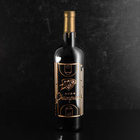 Mano's Wine bottle etched with OKC Thunder logo, basketball court and 2025 Champions