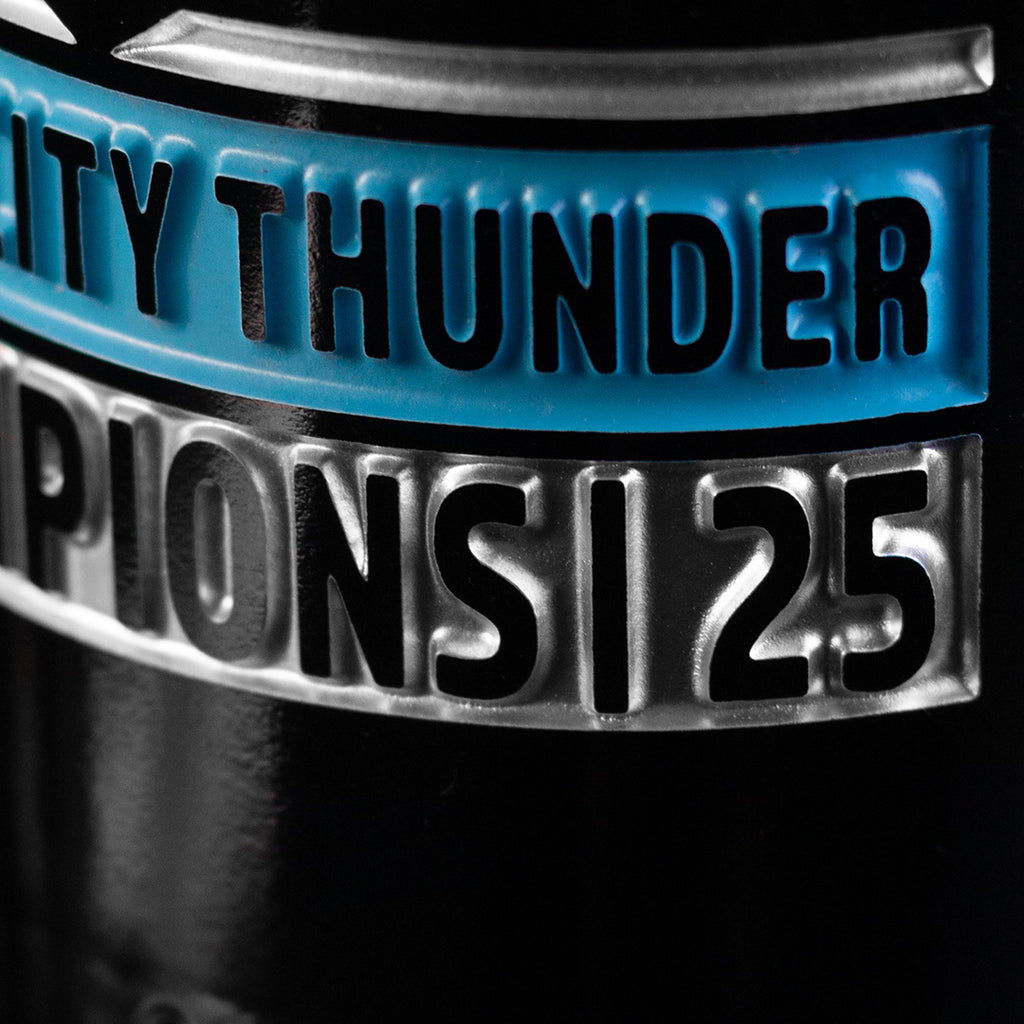 Oklahoma City Thunder 2025 basketball champions etched wine bottle close up view