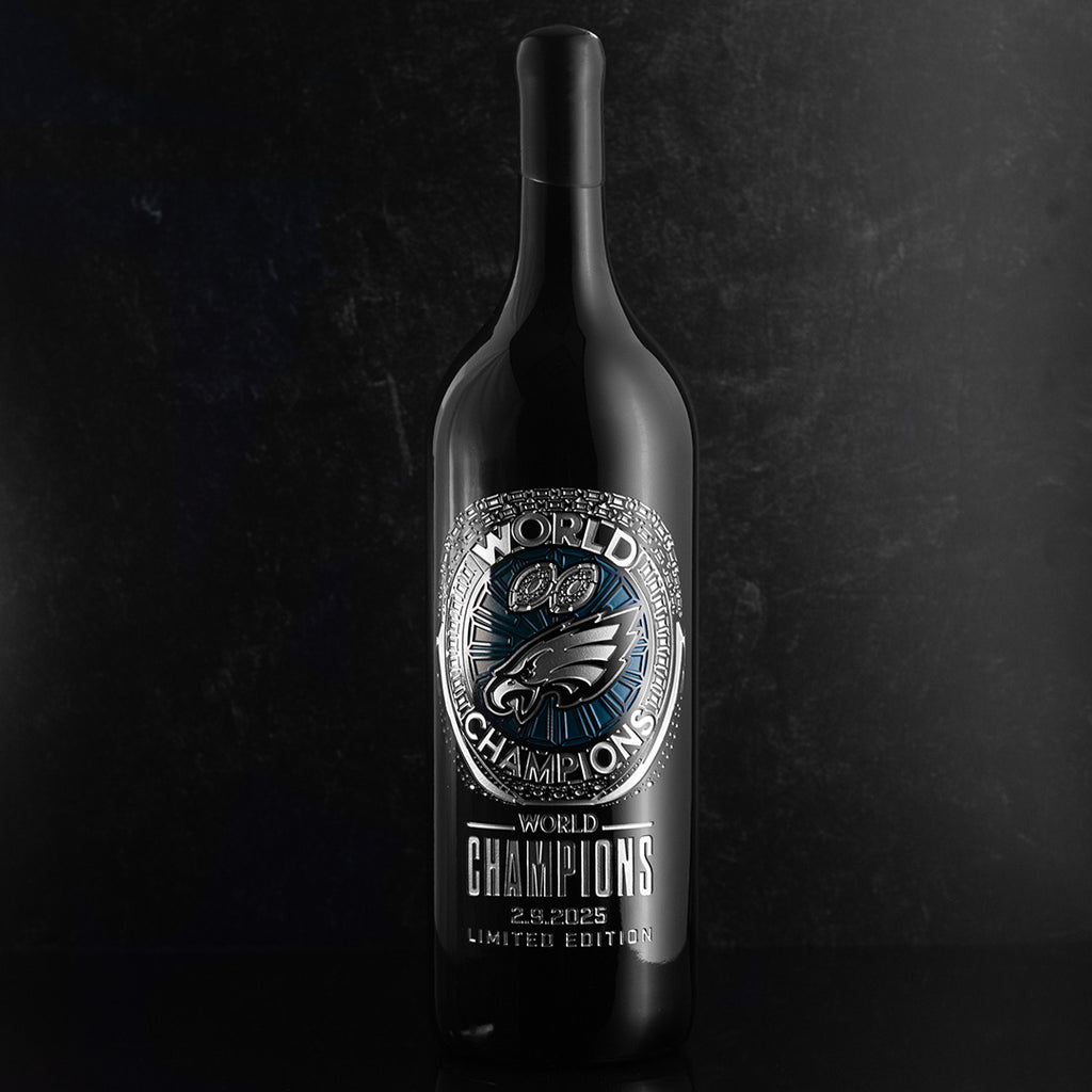 Bottle with Philadelphia Eagles 2024 World Champions etched on a 3L bottle of cabernet sauvignon wine