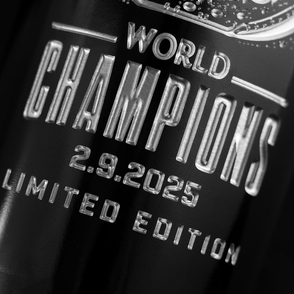Close up of Mano's Wine Philadelphia Eagles wine bottle etched with 2024 World Champions Limited Edition text