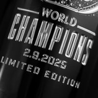 Close up of Mano's Wine Philadelphia Eagles wine bottle etched with 2024 World Champions Limited Edition text