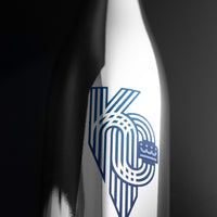 Close up look at KC Royals silver bubbly wine bottle from Mano's Wine
