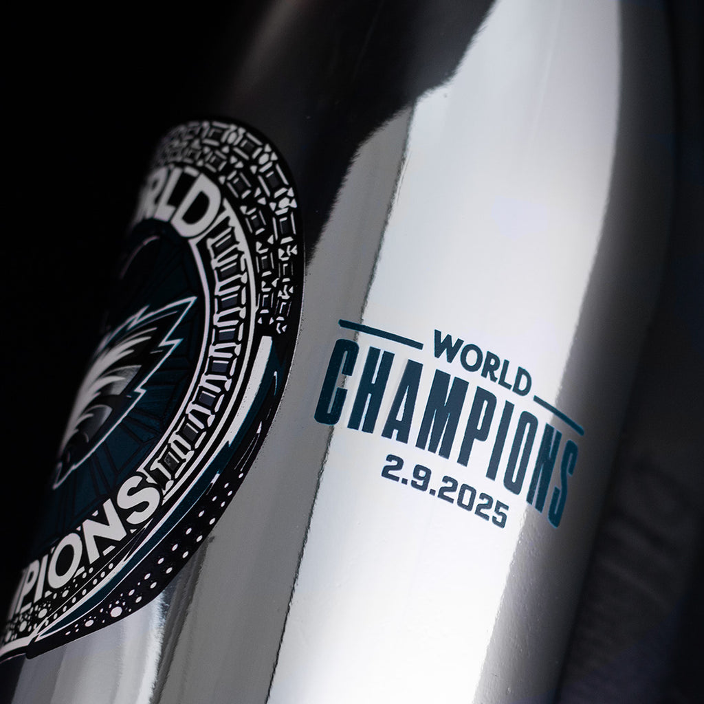Close up of Mano's Wine bottle of Philadelphia Eagles bubbly wine with World Champions text