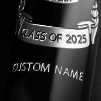 Close up view of etched graduating class and custom name on University of South Carolina alumni association wine bottle