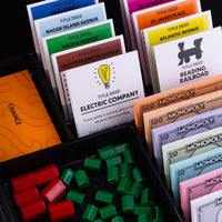 Close up image of Monopoly game set pieces