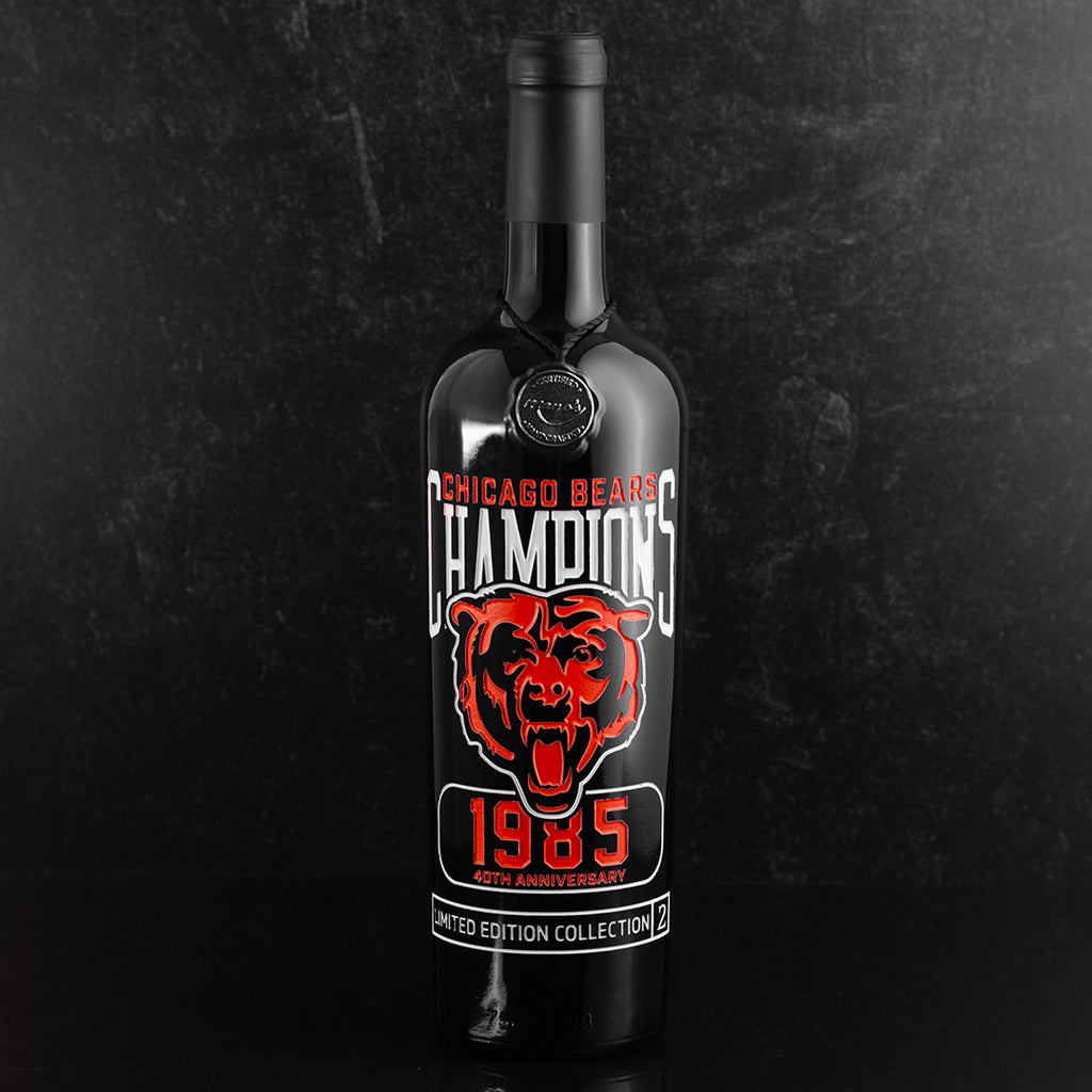 Cabernet sauvignon wine bottle with Chicago Bears 1985 Champions 40th anniversary etched on the bottle