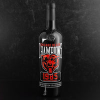 Cabernet sauvignon wine bottle with Chicago Bears 1985 Champions 40th anniversary etched on the bottle