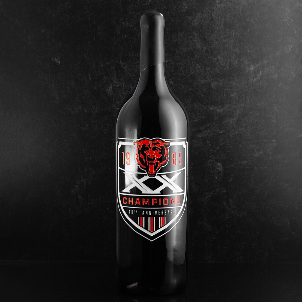 3L wine bottle featuring etched design of the 40th anniversary of the 1985 Chicago Bears championship team