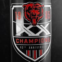 Close up view of Chicago Bears 40th anniversary of 1985 championship winning team etched on wine bottle