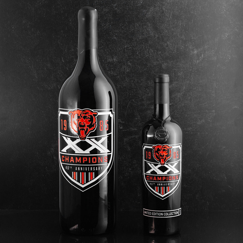 Two wine bottles etched with 40th anniversary of 1985 Chicago Bears championship winning team 3L and 750ml bottles