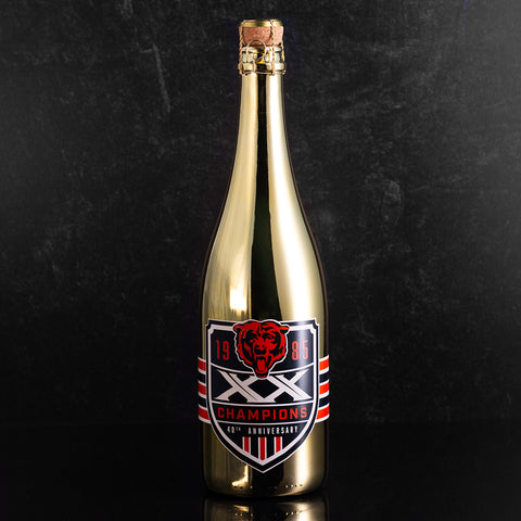 Gold bottle of bubbly wine featuring Chicago Bears 1985 championship team 40th anniversary 