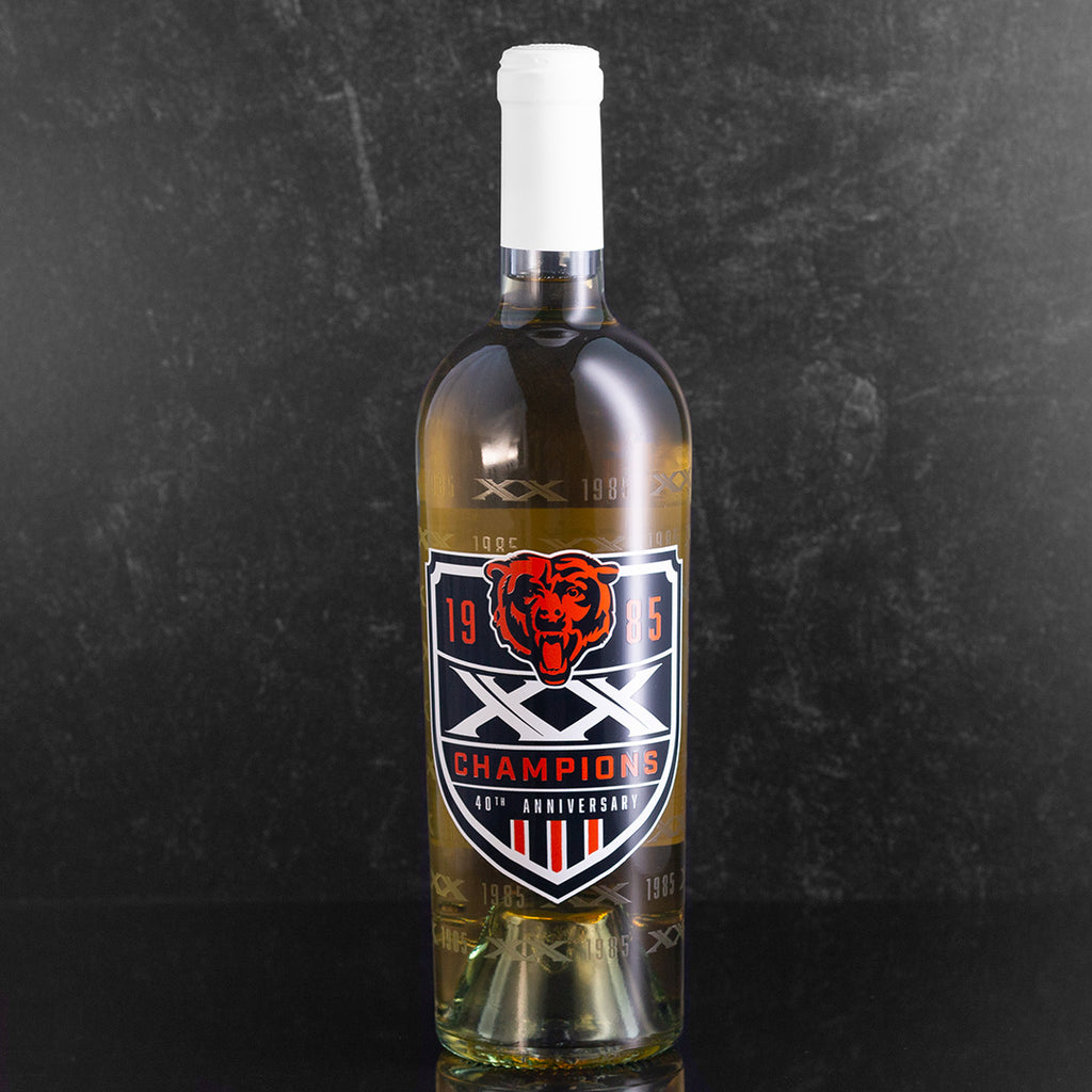 Chardonnay wine bottle with 1985 Chicago Bears champions on the bottle