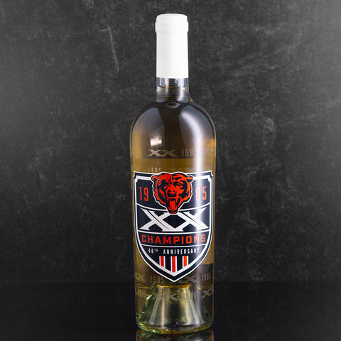 Chardonnay wine bottle featuring design of the 40th anniversary of the 1985 Chicago Bears championship team