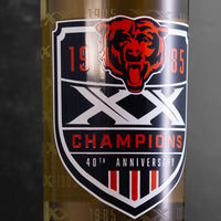 Close up look at the 40th anniversary of the 1985 Chicago Bears champion team commemorative wine bottle
