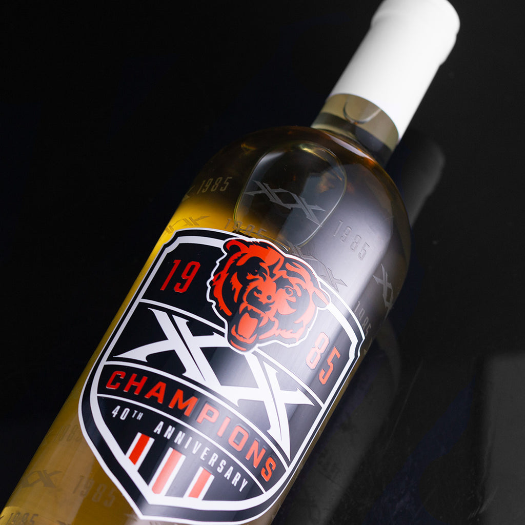Close up view of Chicago Bears 1985 champions 40th anniversary commemorative bottle
