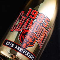 Bottle label with 1985 Champion Chicago Bears and 40th Anniversary text on a dark background