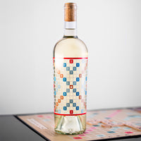Get the Mano's Wine Scrabble Board Game Night Sauvignon Blanc wine bottle for Scrabble game night