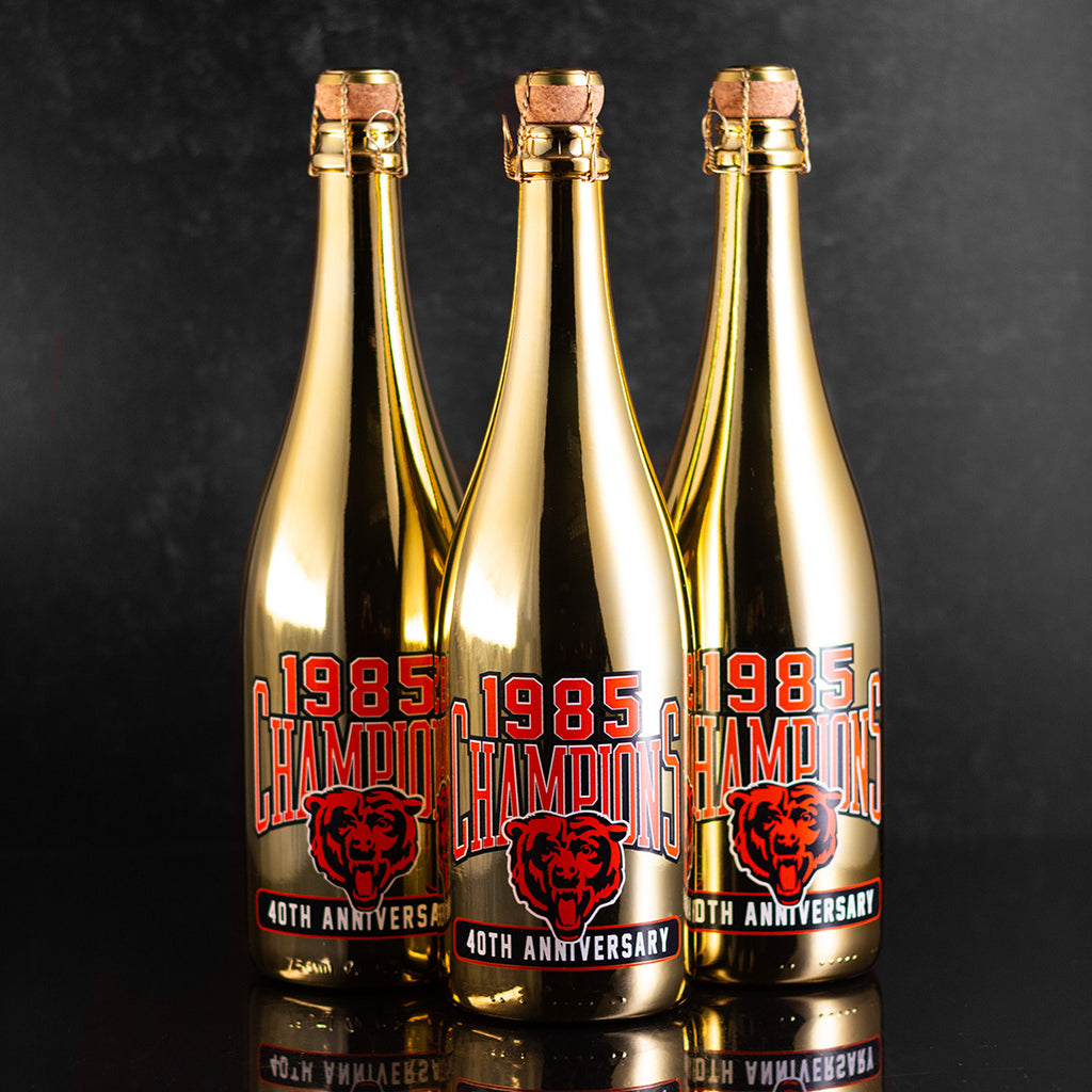Gold 1985 Champions Chicago Bears 40th Anniversary bubbly wine bottles from Mano's Wine
