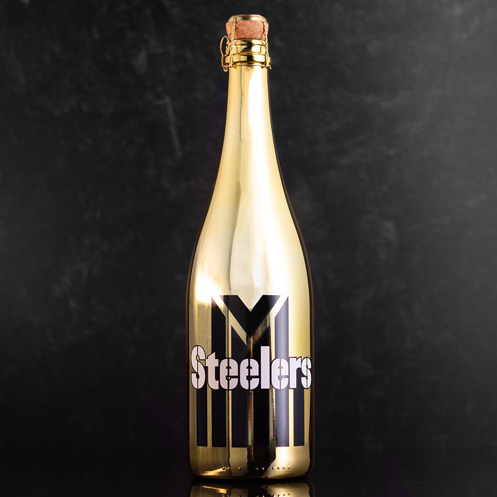Gold bubbly wine bottle with 1933 Pittsburgh Steelers Jersey design