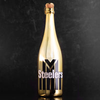 Gold bubbly wine bottle with 1933 Pittsburgh Steelers Jersey design