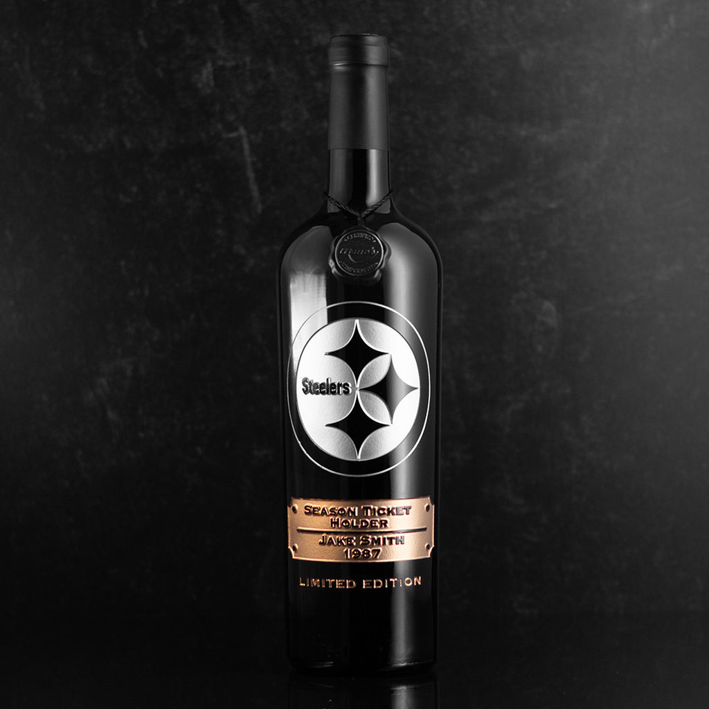 Pittsburgh Steelers customizable season ticket holder etched wine bottle from Mano's Wine