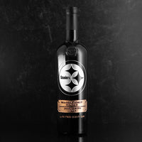 Pittsburgh Steelers customizable season ticket holder etched wine bottle from Mano's Wine