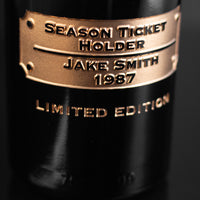 Steelers custom season ticket holder etched wine bottle showing name and year of season ticket holder