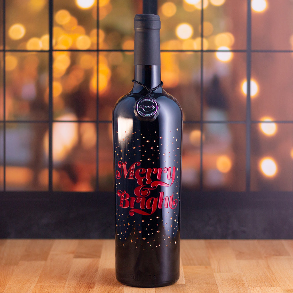 Merry and Bright Etched Wine Bottle