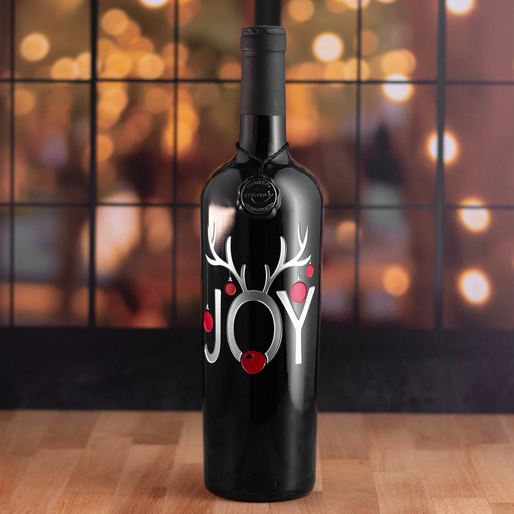 Joy Ornaments Holiday Etched Wine Bottle