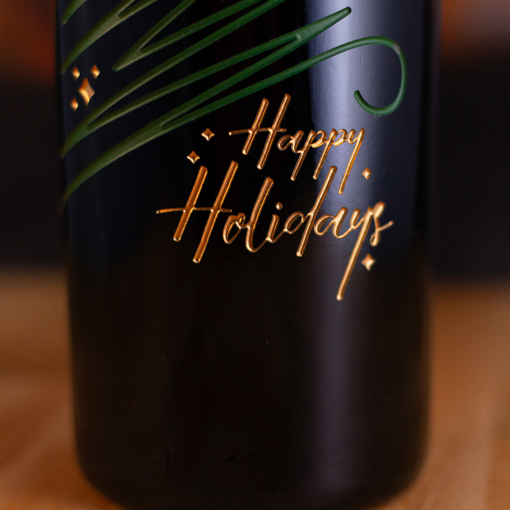 Happy Holidays Sparkle Tree Etched Wine Bottle