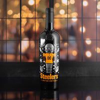 Pittsburgh Steelers limited edition 2025 holiday etched wine bottle from Mano's Wine