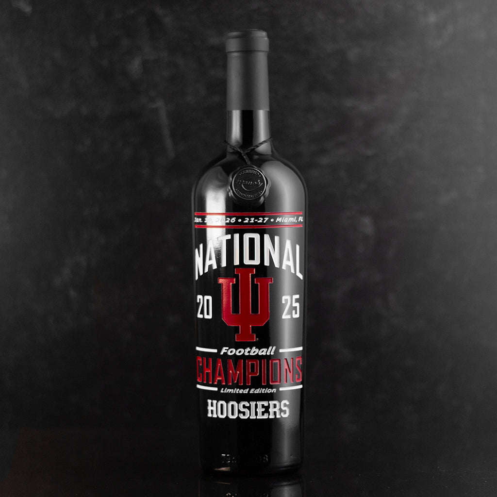 Indiana University 2025 National Champions Logo red and white Etched Wine bottle form Mano's Wine