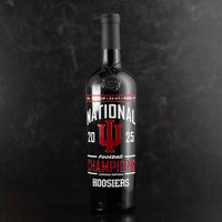 Indiana University 2025 National Champions Logo red and white Etched Wine bottle form Mano's Wine