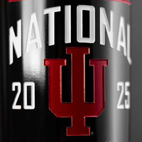 Close up of Indiana University 2025 National Champions Logo Hoosiers red and white Etched Wine bottle form Mano's Wine