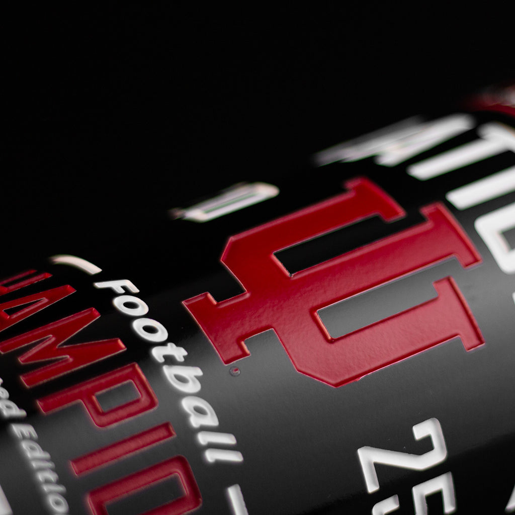 Red Indiana University logo etched on Mano's Wine 2025 National Champions wine bottle