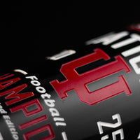 Red Indiana University logo etched on Mano's Wine 2025 National Champions wine bottle